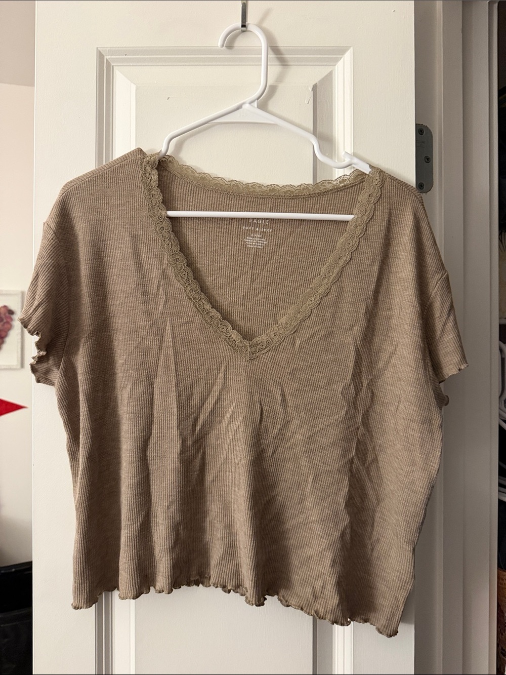 American Eagle Outfitters Ribbed V-Neck Lace-Trim Crop Top - Tan